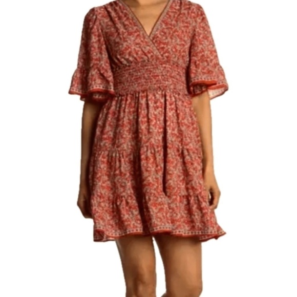 🔥 Max Studio Floral Flutter Boho Prairie Surplice Dress L New - Picture 1 of 13
